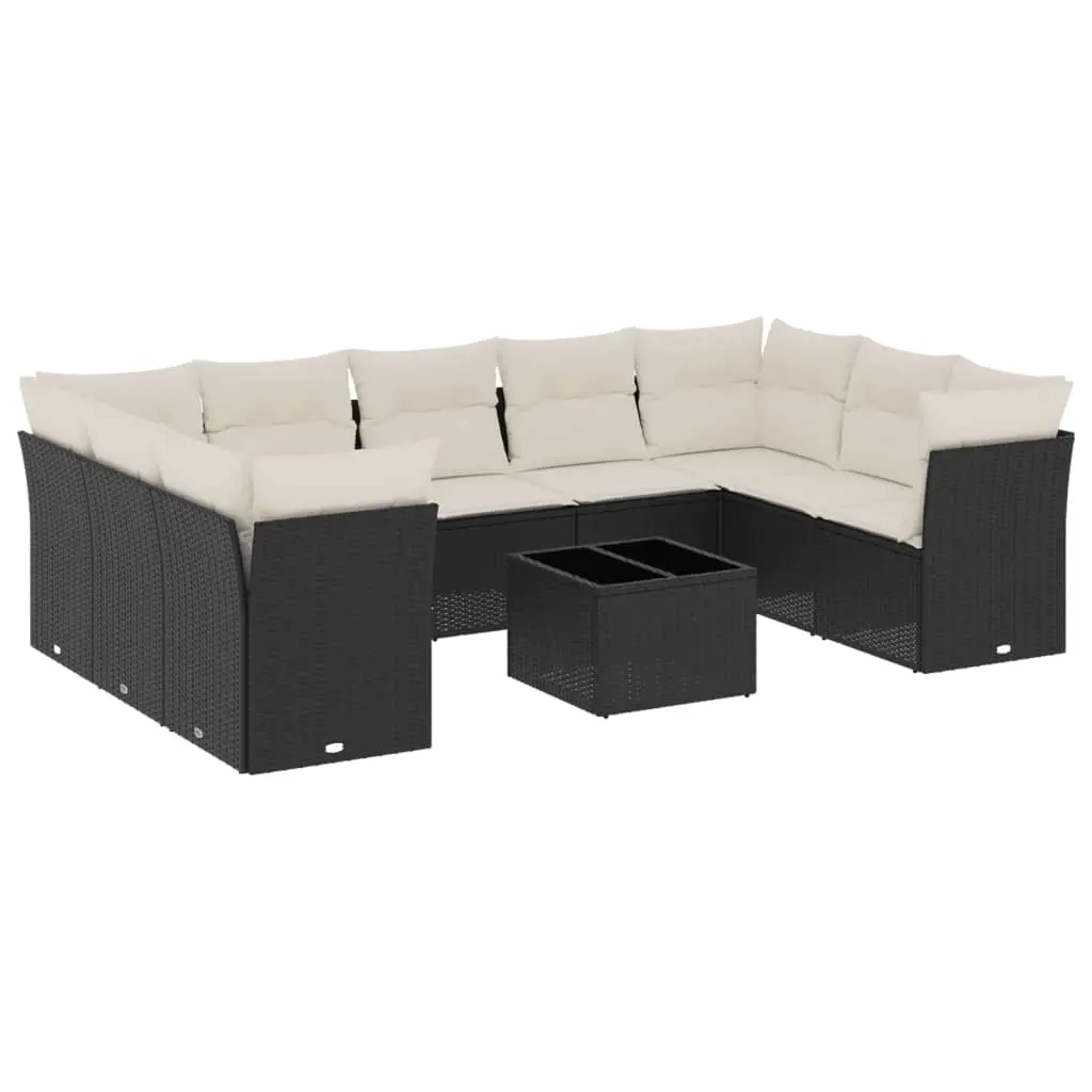 10 Piece Garden Sofa Set with Cushions Black Poly Rattan 3249975 - Furniture