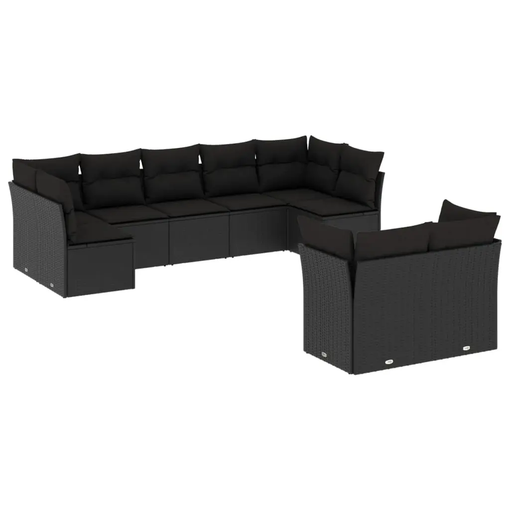 9 Piece Garden Sofa Set with Cushions Black Poly Rattan 3249984 - Furniture