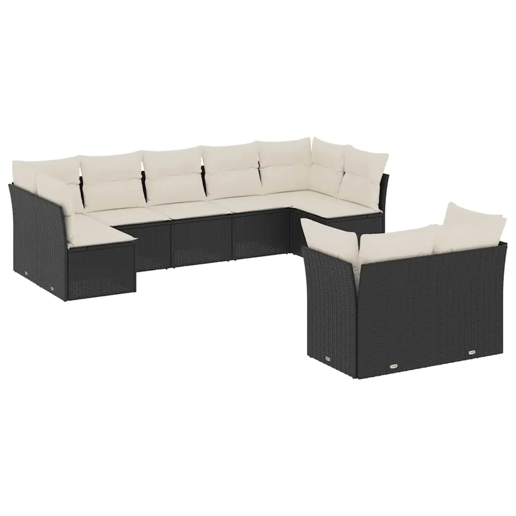 9 Piece Garden Sofa Set with Cushions Black Poly Rattan 3249985 - Furniture