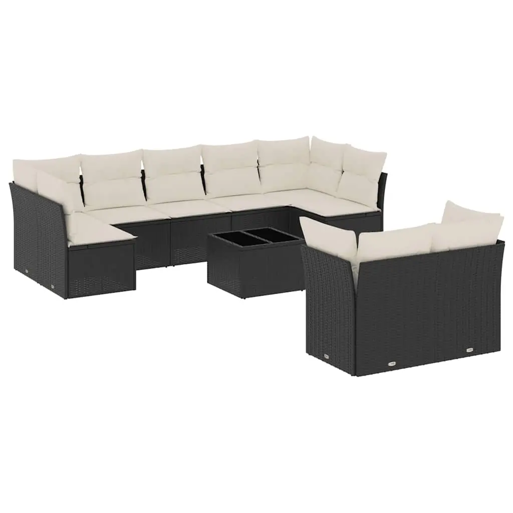10 Piece Garden Sofa Set with Cushions Black Poly Rattan 3249995 - Furniture