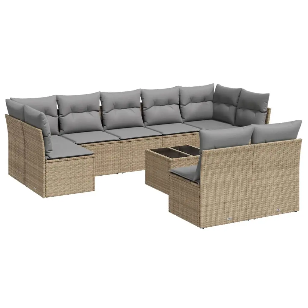 10 Piece Garden Sofa Set with Cushions Beige Poly Rattan 3249998 - Furniture