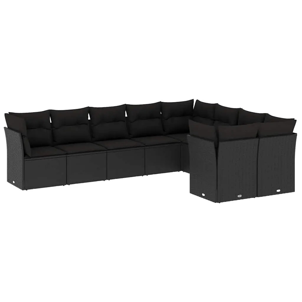 9 Piece Garden Sofa Set with Cushions Black Poly Rattan 3250004 - Furniture