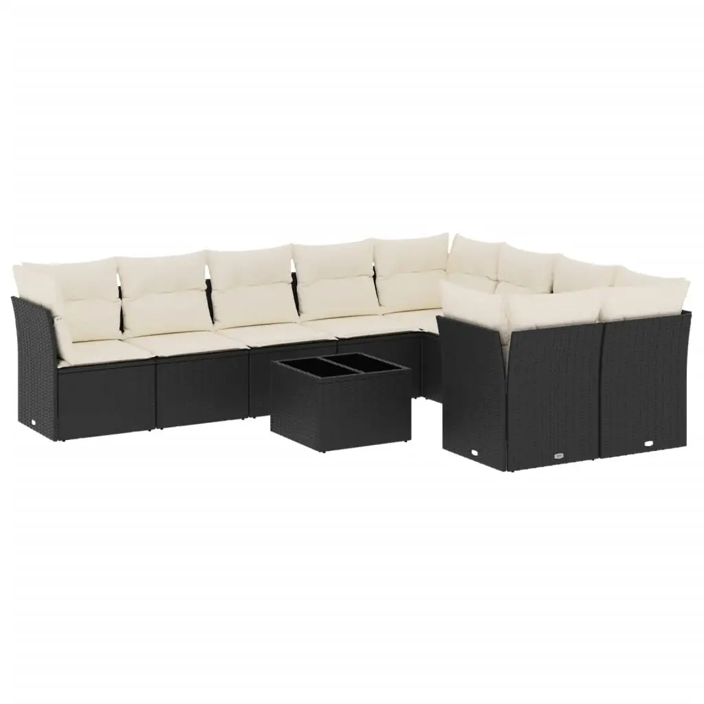 10 Piece Garden Sofa Set with Cushions Black Poly Rattan 3250015 - Furniture