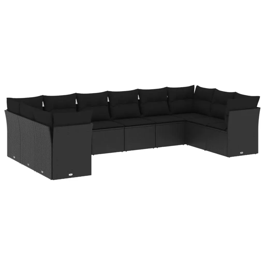 10 Piece Garden Sofa Set with Cushions Black Poly Rattan 3250034 - Furniture