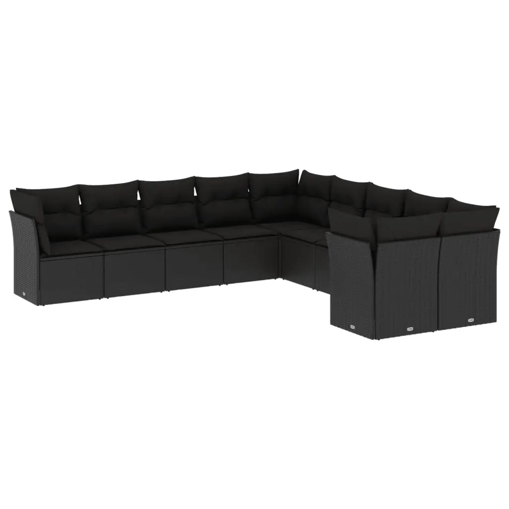 10 Piece Garden Sofa Set with Cushions Black Poly Rattan 3250074 - Furniture