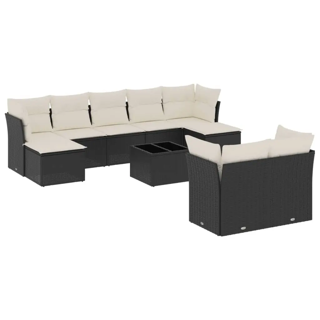 10 Piece Garden Sofa Set with Cushions Black Poly Rattan 3250155 - Furniture