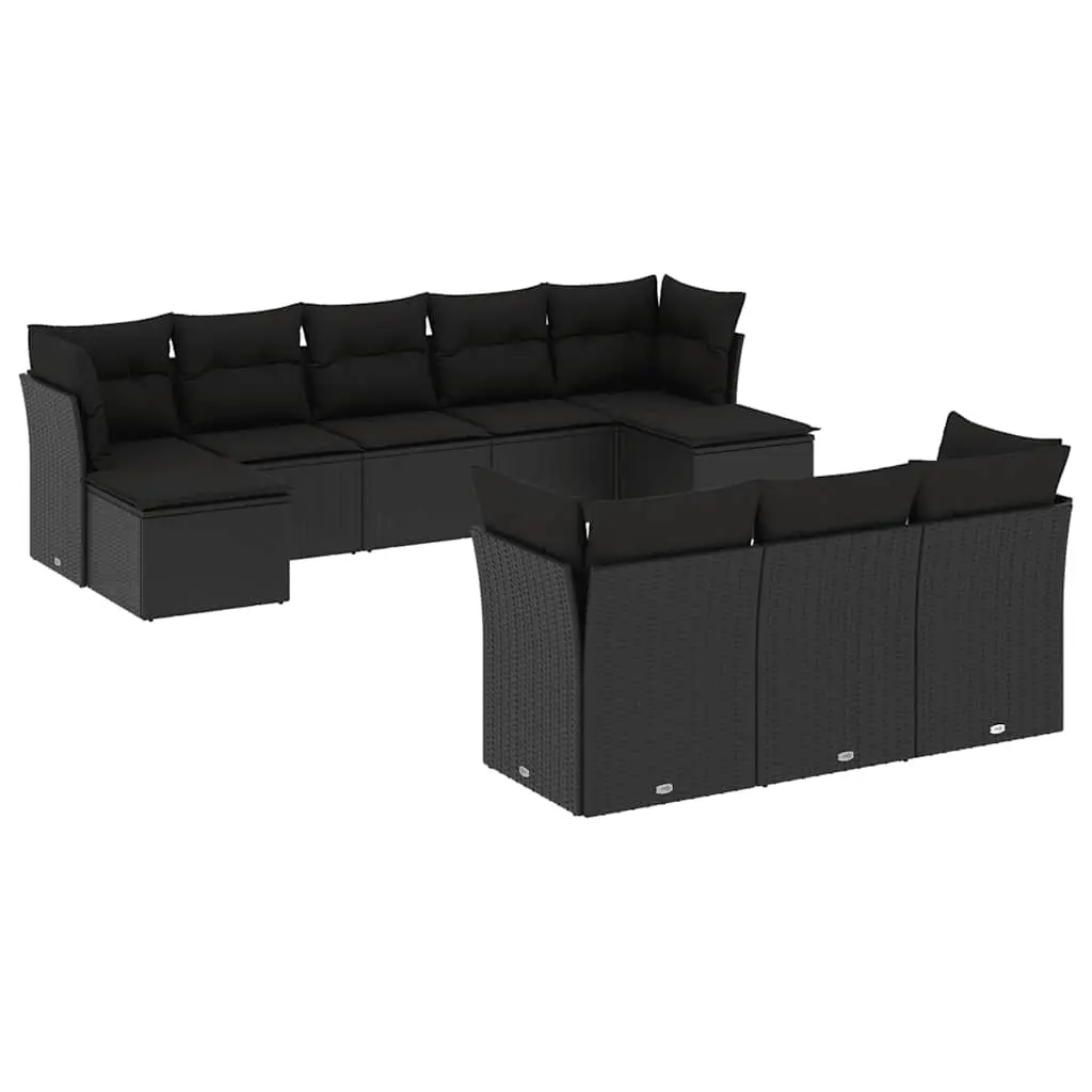 10 Piece Garden Sofa Set with Cushions Black Poly Rattan 3250164 - Furniture