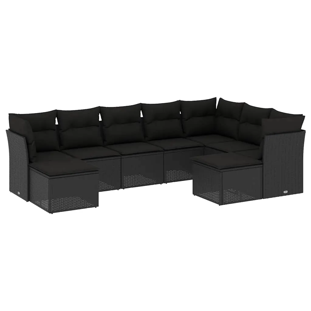 9 Piece Garden Sofa Set with Cushions Black Poly Rattan 3250404 - Furniture