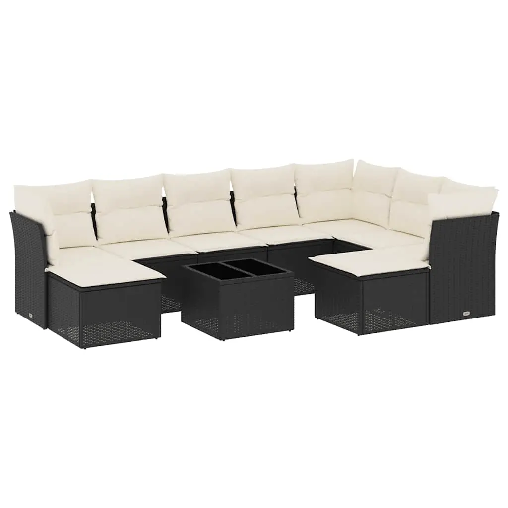 10 Piece Garden Sofa Set with Cushions Black Poly Rattan 3250415 - Furniture