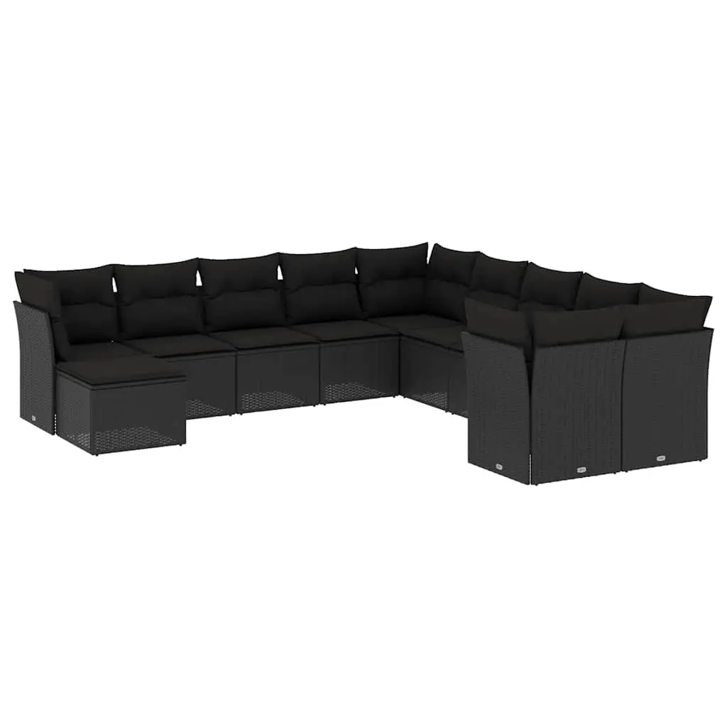 11 Piece Garden Sofa Set with Cushions Black Poly Rattan 3250444 - Furniture