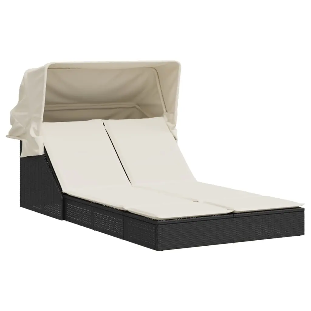 Double Sun Lounger with Canopy and Cushions Black Poly Rattan 368637 - Furniture