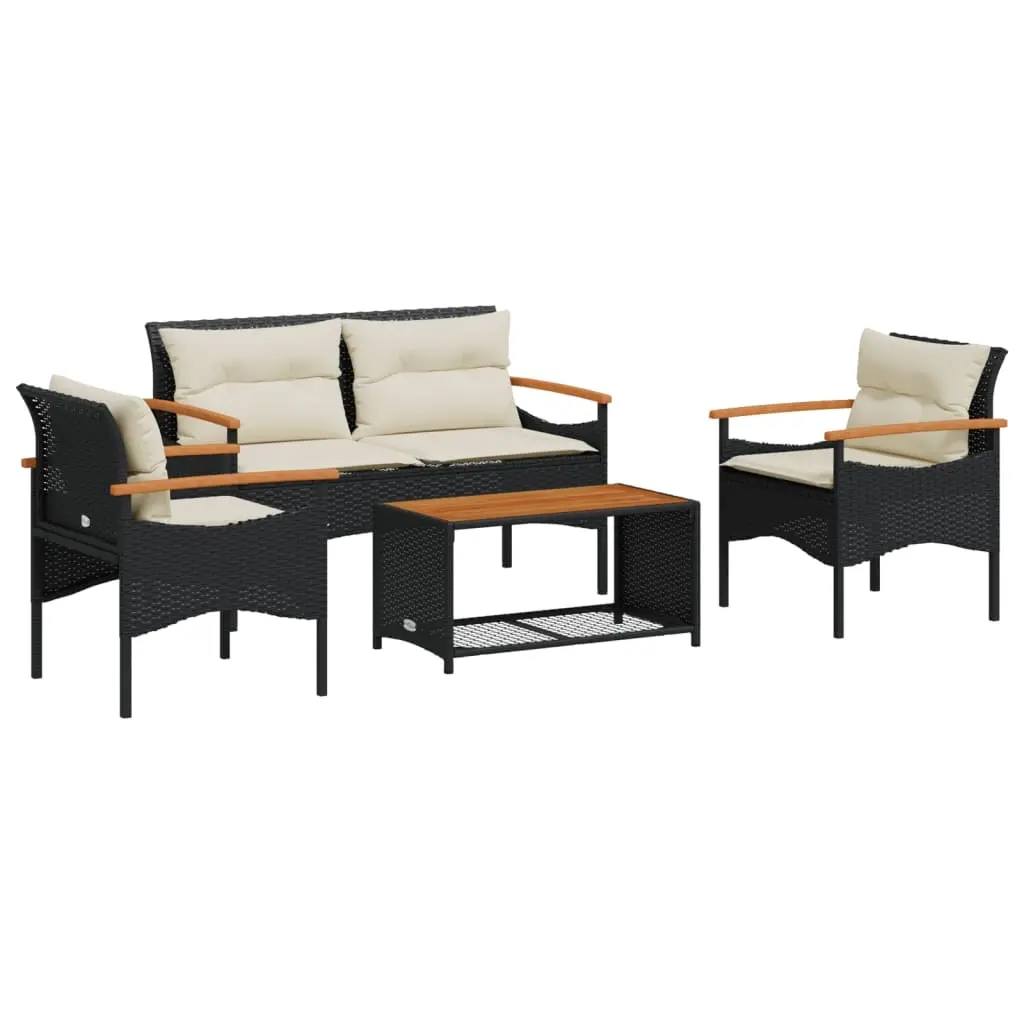4 Piece Garden Sofa Set with Cushions Black Poly Rattan 368398 - Furniture
