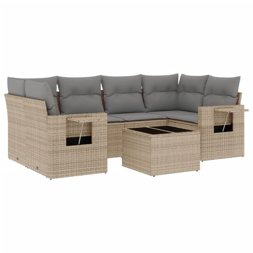7 Piece Garden Sofa Set with Cushions Beige Poly Rattan 3219918 - Furniture