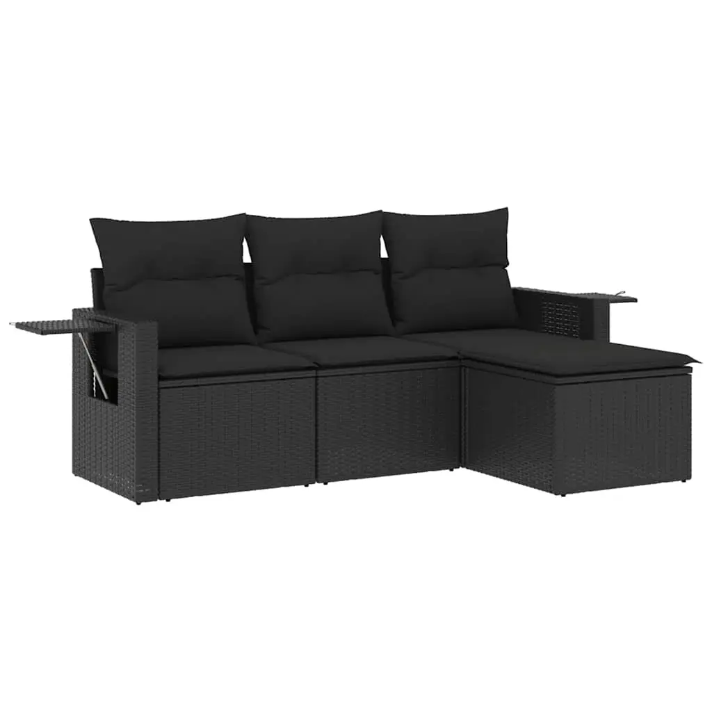 4 Piece Garden Sofa Set with Cushions Black Poly Rattan 3220064 - Furniture