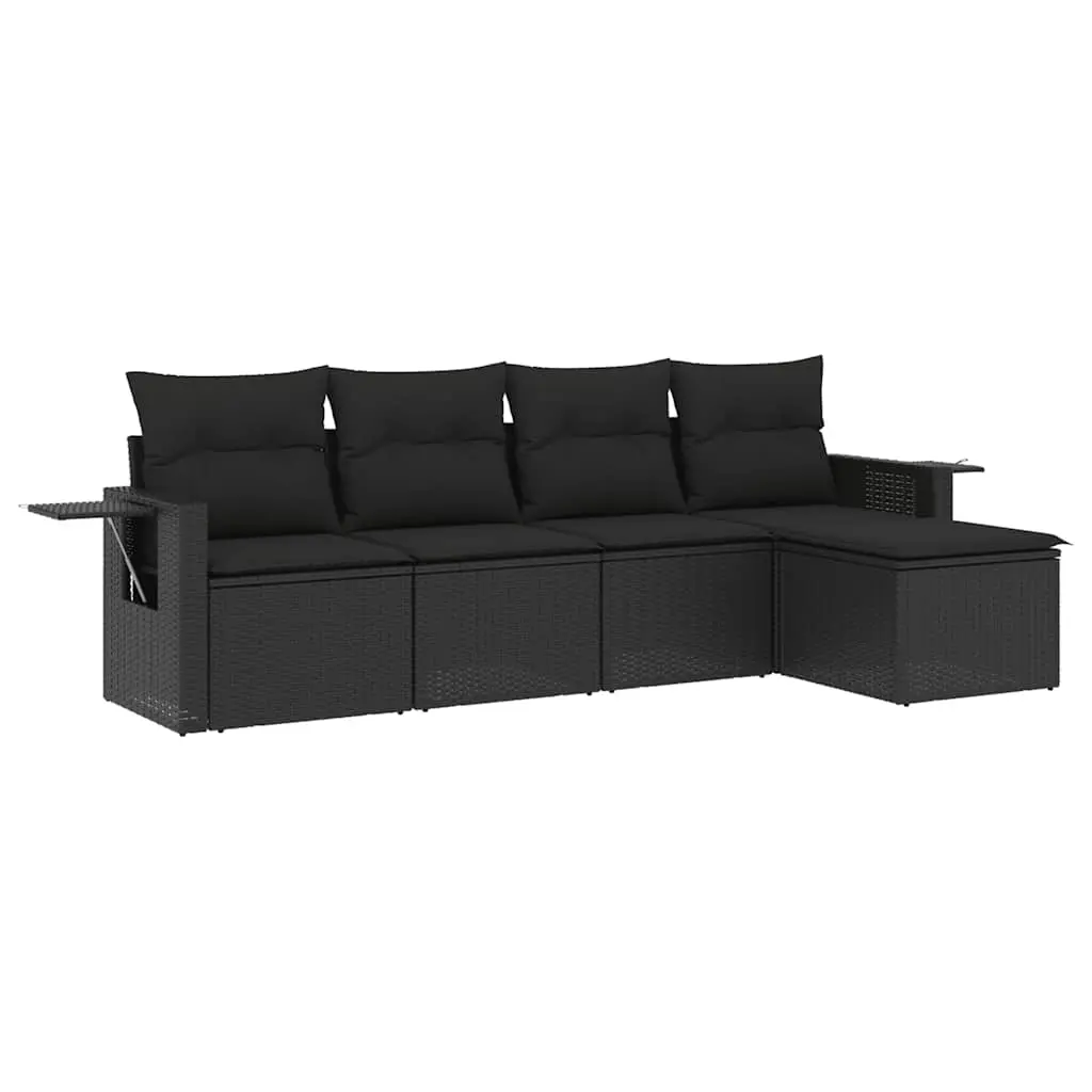 5 Piece Garden Sofa Set with Cushions Black Poly Rattan 3220084 - Furniture