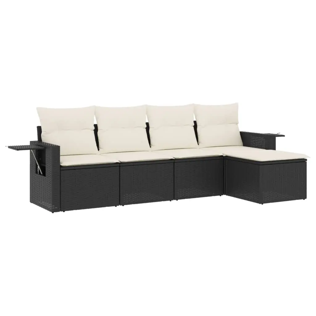 5 Piece Garden Sofa Set with Cushions Black Poly Rattan 3220085 - Furniture