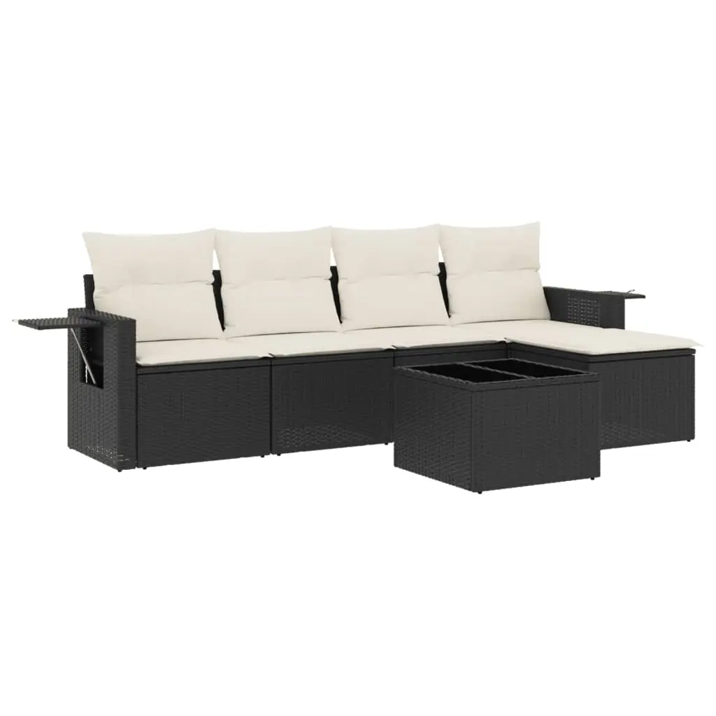 6 Piece Garden Sofa Set with Cushions Black Poly Rattan 3220095 - Furniture
