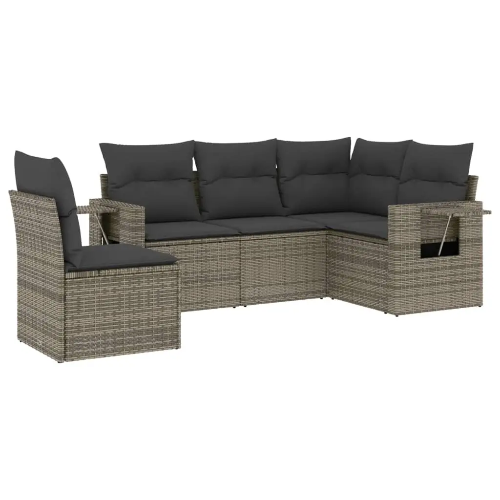 5 Piece Garden Sofa Set with Cushions Grey Poly Rattan 3220169 - Furniture