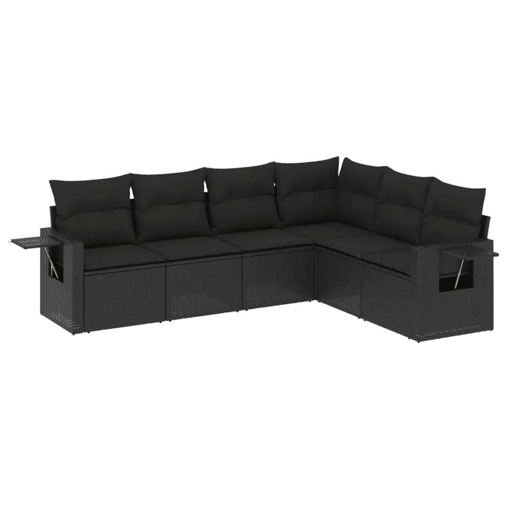 6 Piece Garden Sofa Set with Cushions Black Poly Rattan 3220204 - Furniture