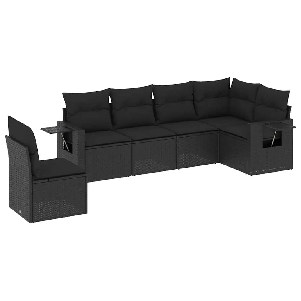 6 Piece Garden Sofa Set with Cushions Black Poly Rattan 3220224 - Furniture