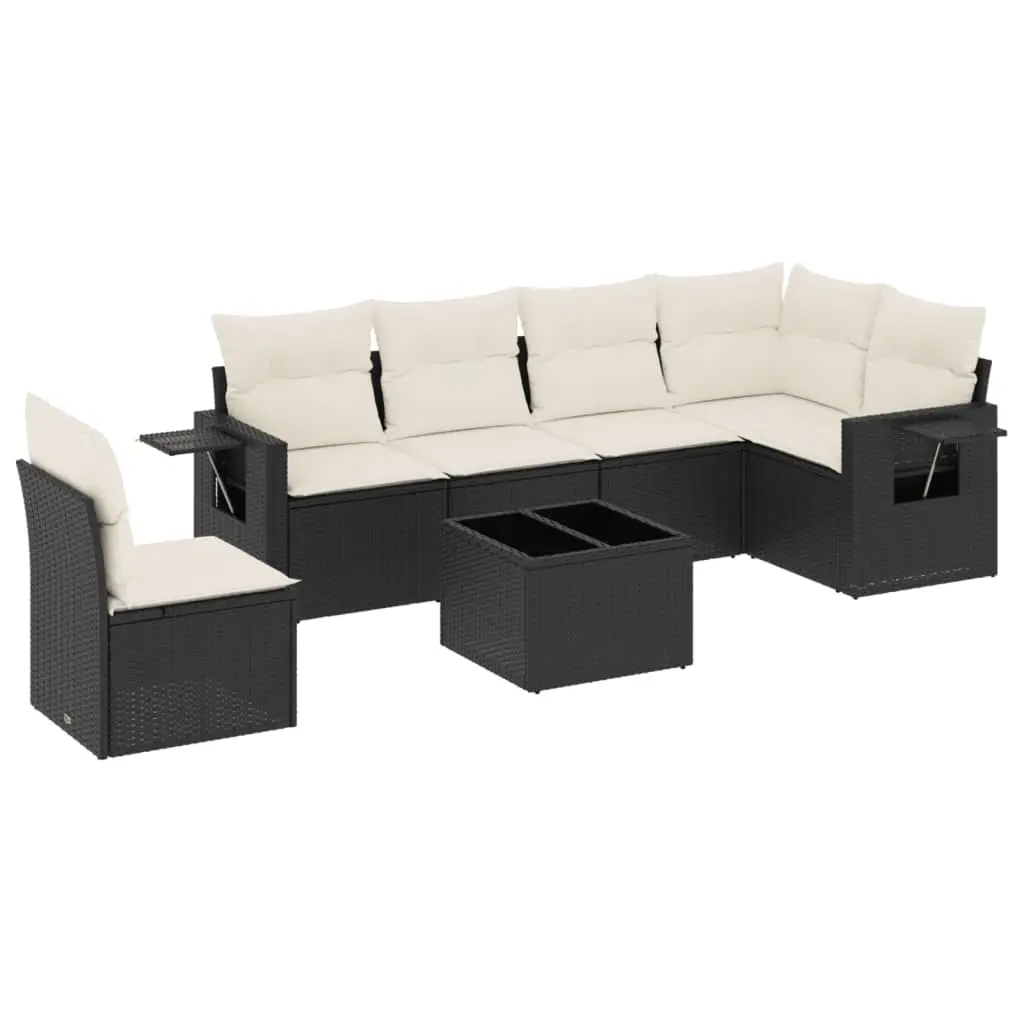 7 Piece Garden Sofa Set with Cushions Black Poly Rattan 3220235 - Furniture