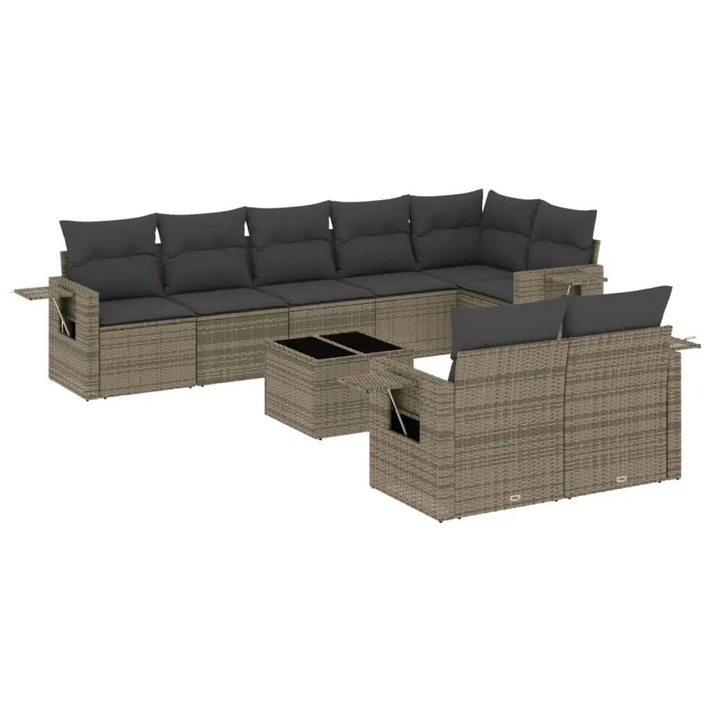 9 Piece Garden Sofa Set with Cushions Grey Poly Rattan 3220429 - Furniture