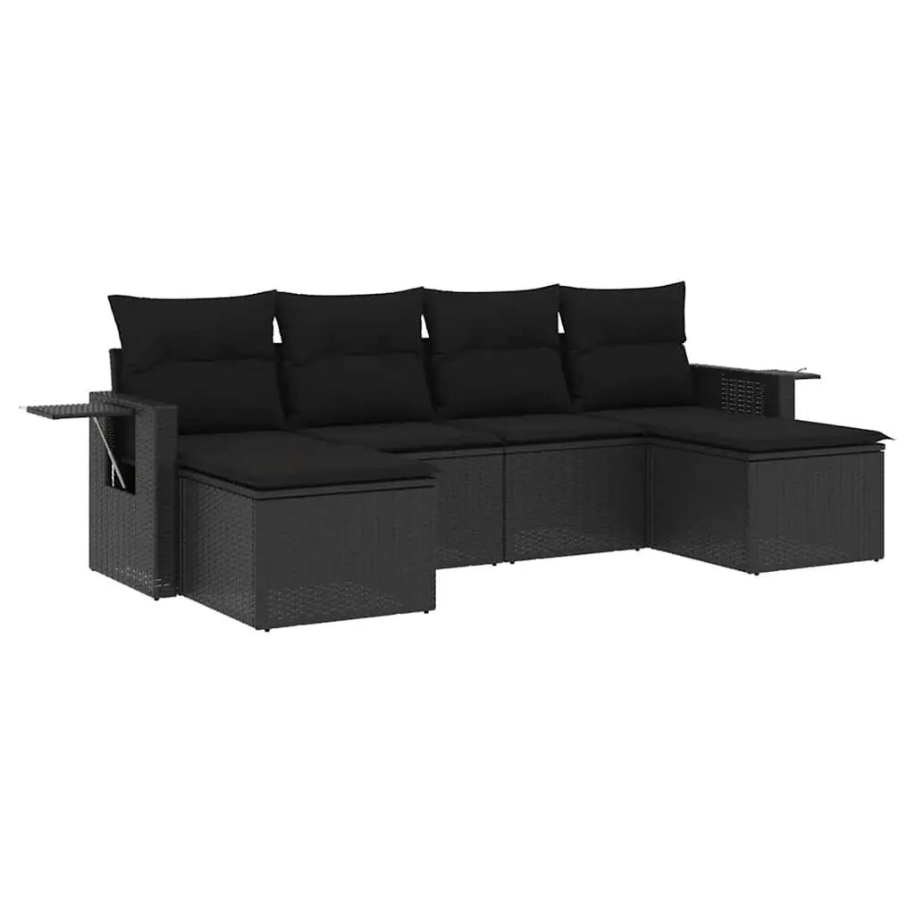 6 Piece Garden Sofa Set with Cushions Black Poly Rattan 3220514 - Furniture