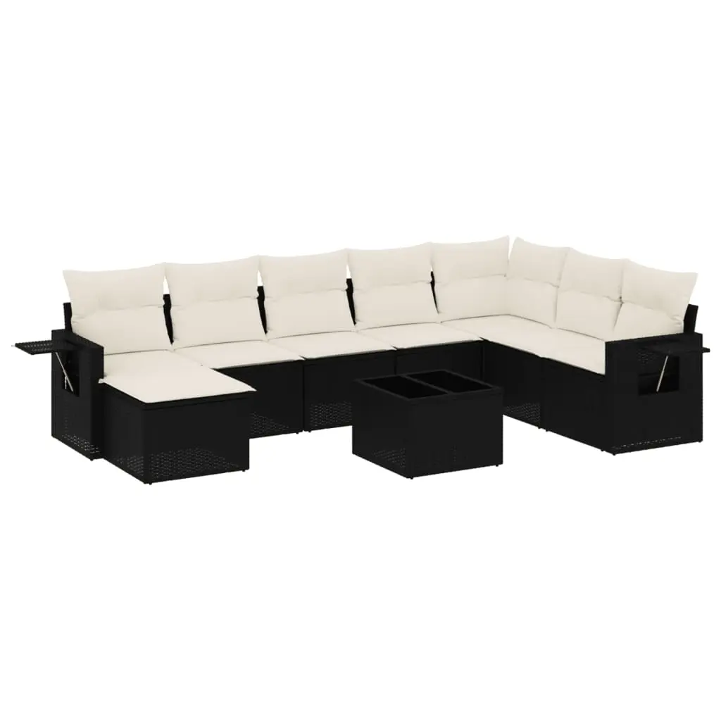 9 Piece Garden Sofa Set with Cushions Black Poly Rattan 3220565 - Furniture