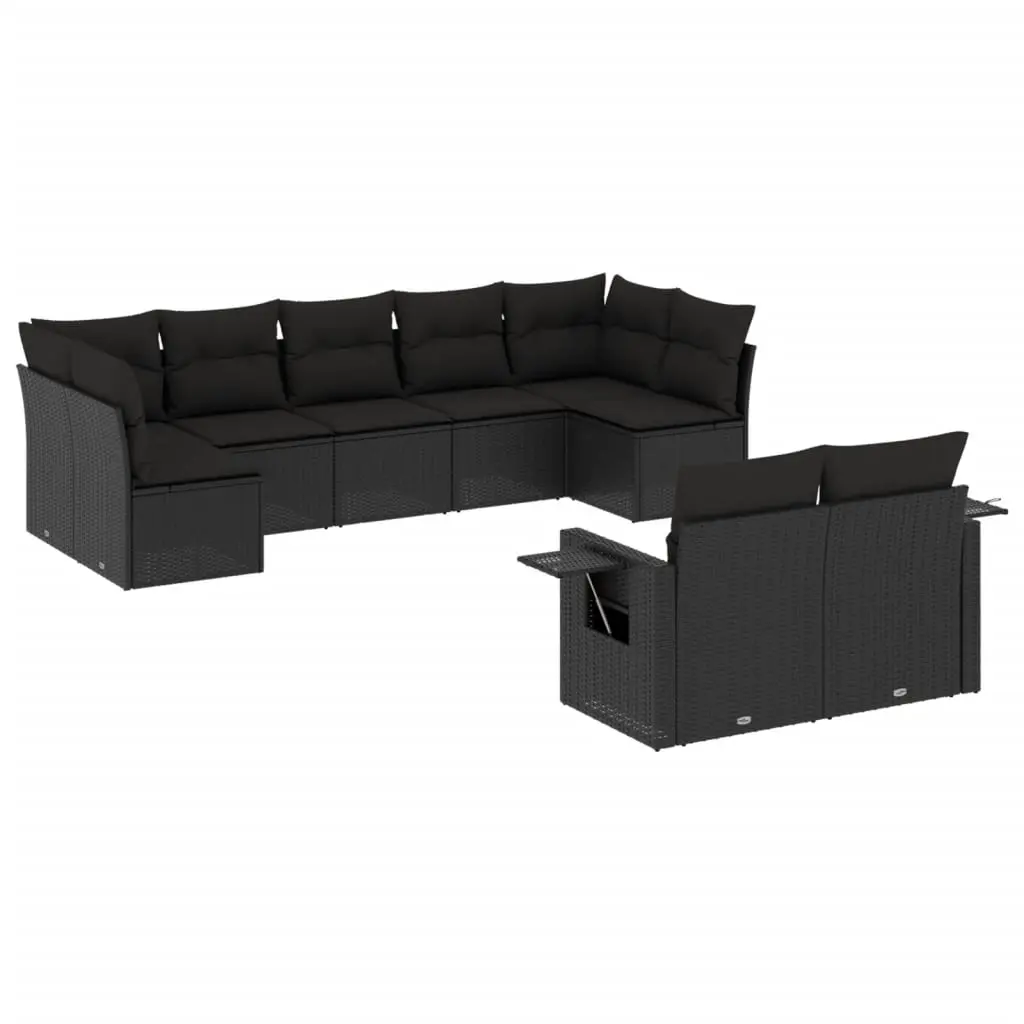 9 Piece Garden Sofa Set with Cushions Black Poly Rattan 3220614 - Furniture