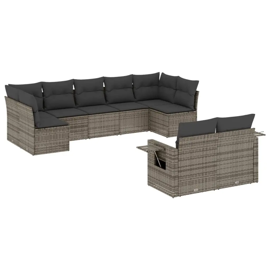 9 Piece Garden Sofa Set with Cushions Grey Poly Rattan 3220619 - Furniture