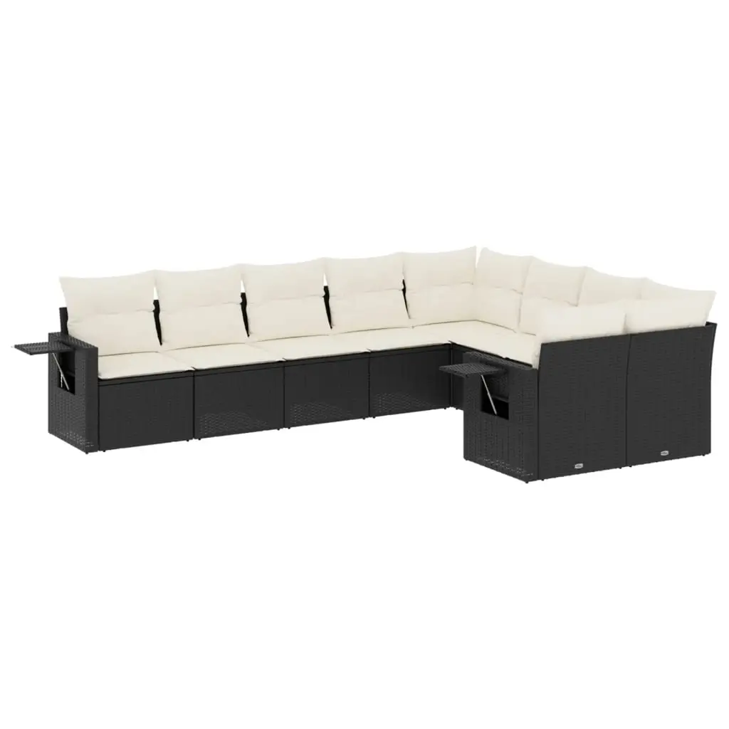 9 Piece Garden Sofa Set with Cushions Black Poly Rattan 3220635 - Furniture