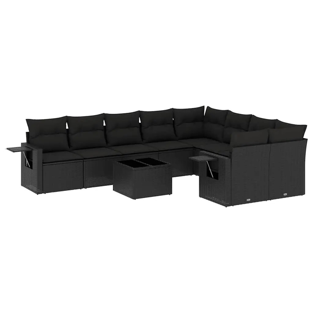 10 Piece Garden Sofa Set with Cushions Black Poly Rattan 3220644 - Furniture