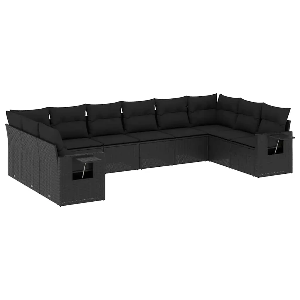 10 Piece Garden Sofa Set with Cushions Black Poly Rattan 3220664 - Furniture
