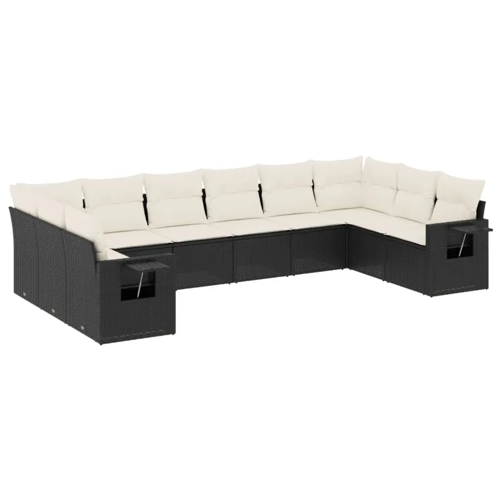 10 Piece Garden Sofa Set with Cushions Black Poly Rattan 3220665 - Furniture