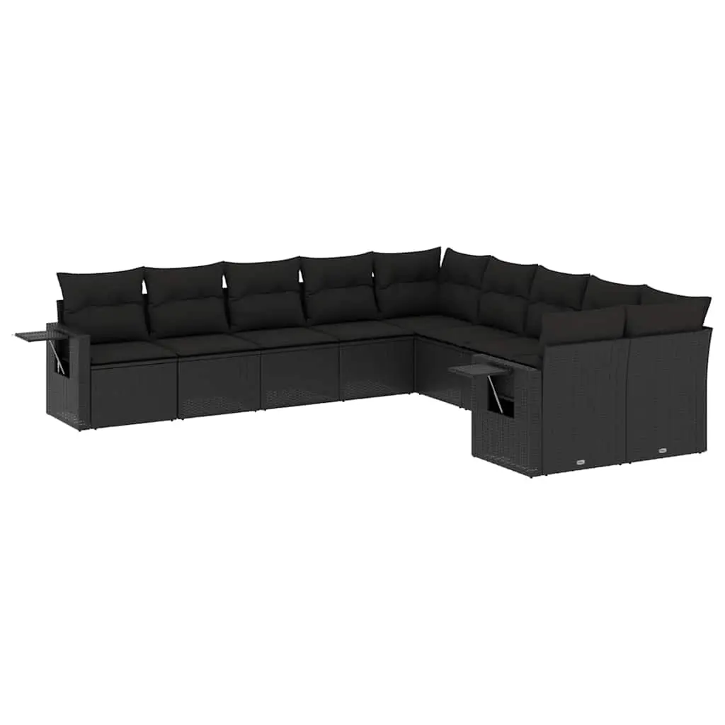 10 Piece Garden Sofa Set with Cushions Black Poly Rattan 3220704 - Furniture