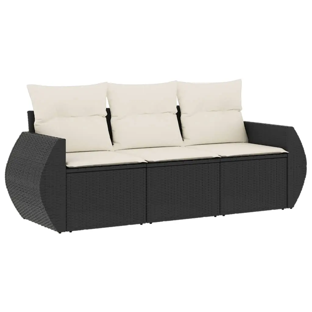 3 Piece Garden Sofa Set with Cushions Black Poly Rattan 3221055 - Furniture
