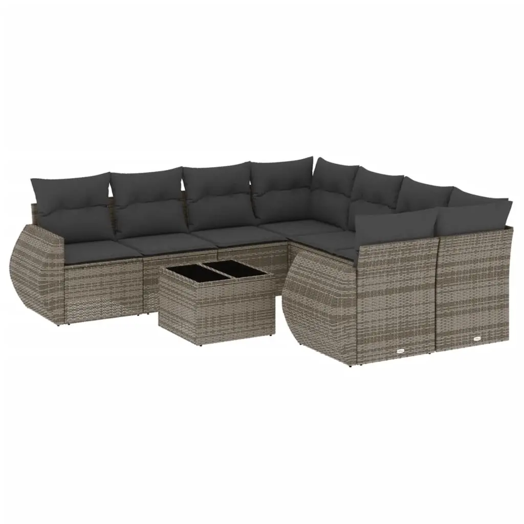 9 Piece Garden Sofa Set with Cushions Grey Poly Rattan 3221159 - Furniture