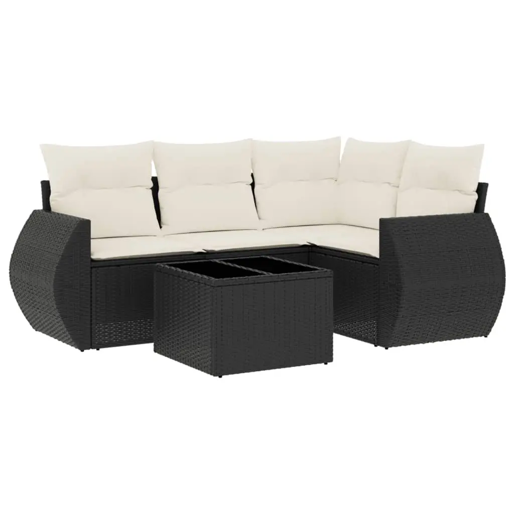 5 Piece Garden Sofa Set with Cushions Black Poly Rattan 3221315 - Furniture