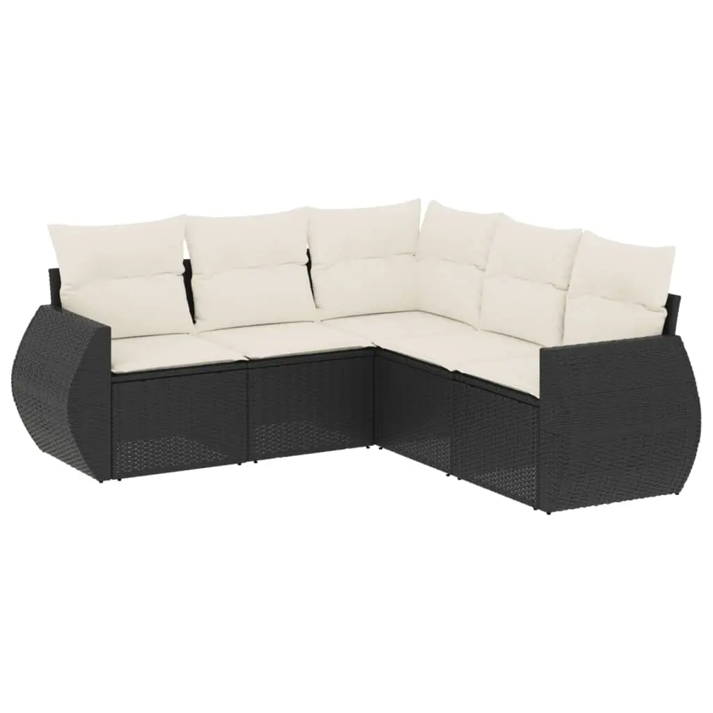 5 Piece Garden Sofa Set with Cushions Black Poly Rattan 3221345 - Furniture