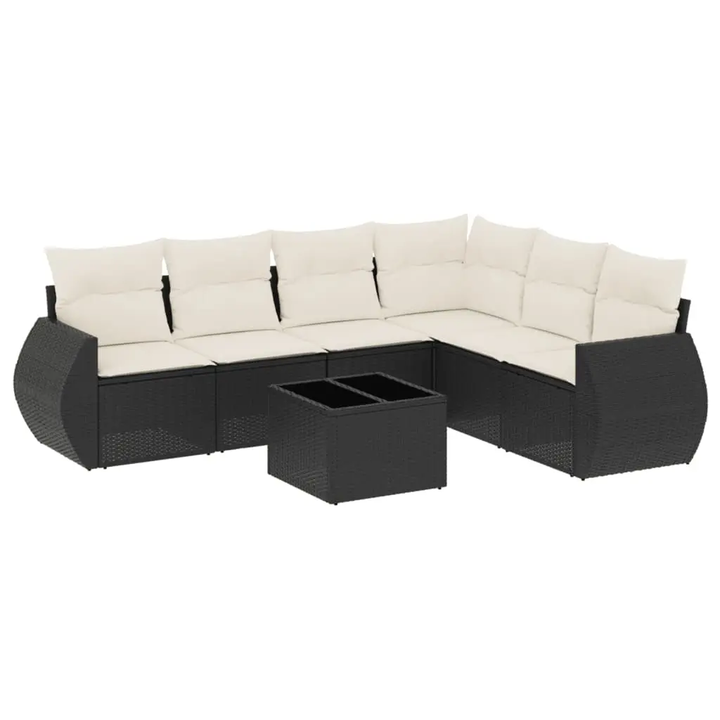 7 Piece Garden Sofa Set with Cushions Black Poly Rattan 3221415 - Furniture