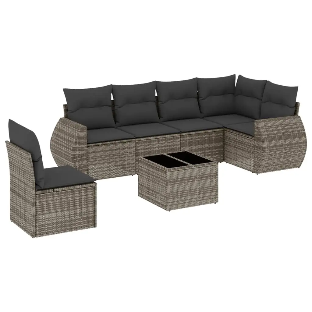 7 Piece Garden Sofa Set with Cushions Grey Poly Rattan 3221439 - Furniture