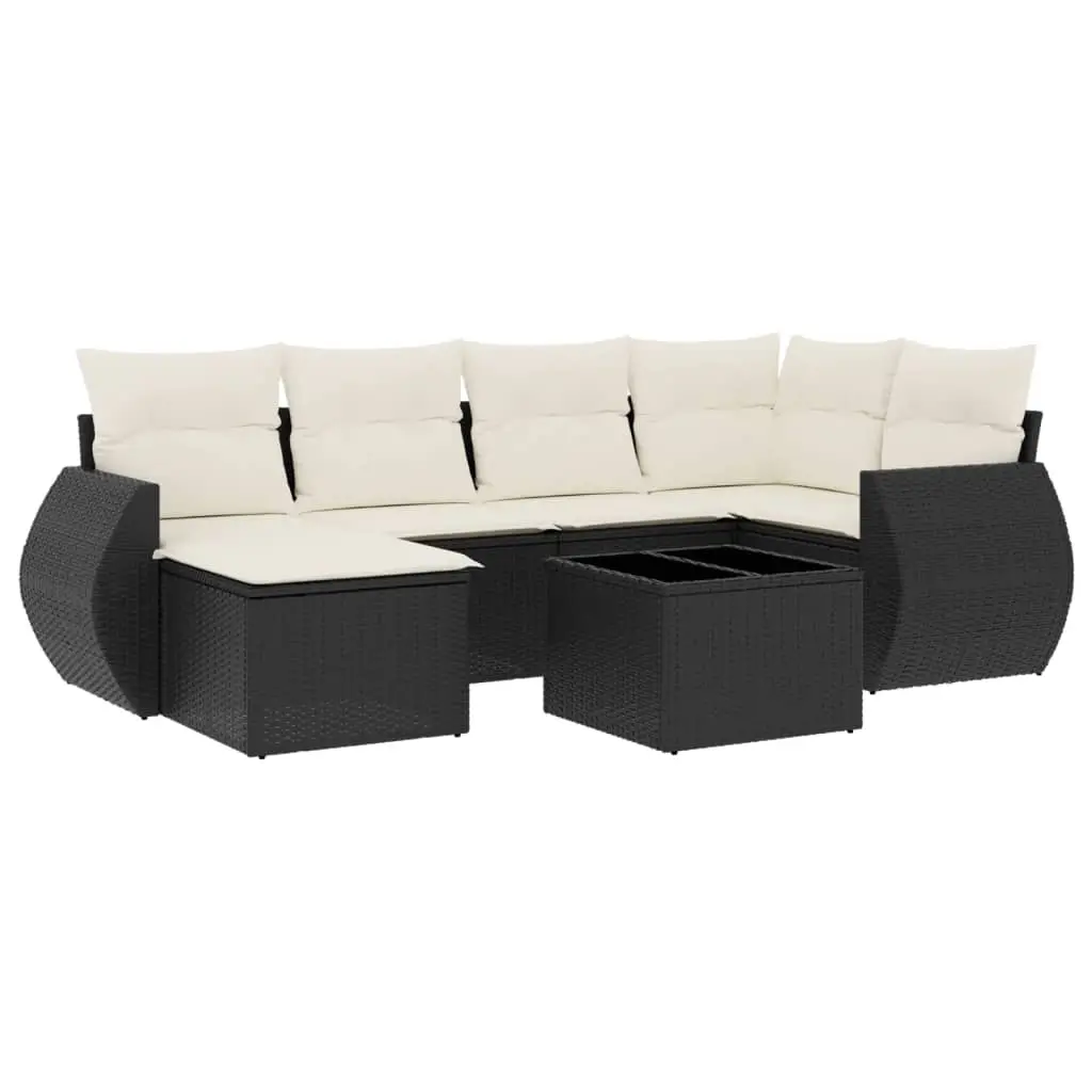 7 Piece Garden Sofa Set with Cushions Black Poly Rattan 3221665 - Furniture