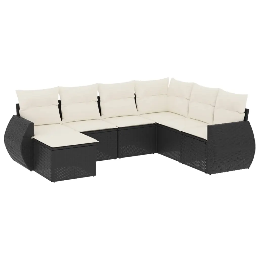 7 Piece Garden Sofa Set with Cushions Black Poly Rattan 3221695 - Furniture