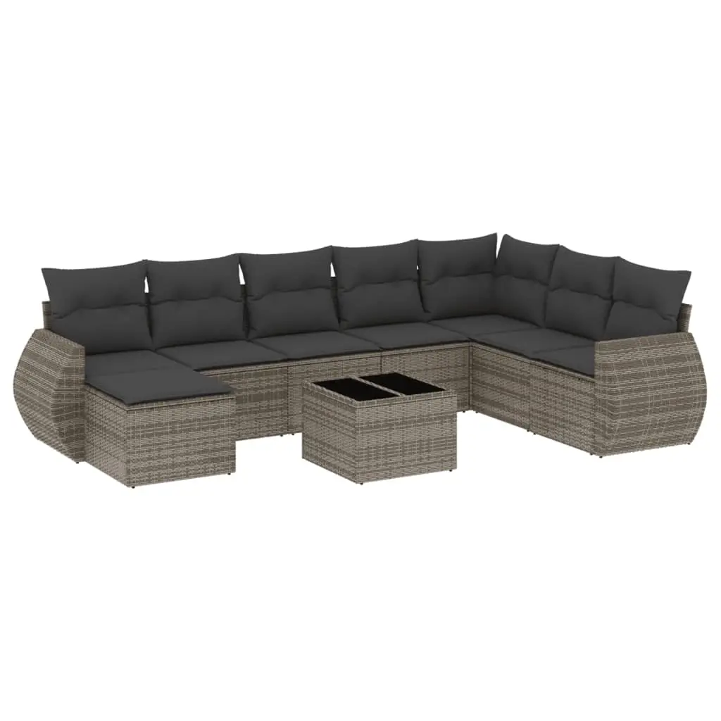 9 Piece Garden Sofa Set with Cushions Grey Poly Rattan 3221769 - Furniture