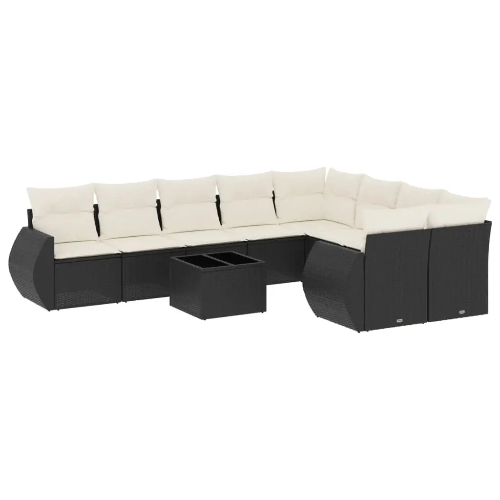10 Piece Garden Sofa Set with Cushions Black Poly Rattan 3221845 - Furniture