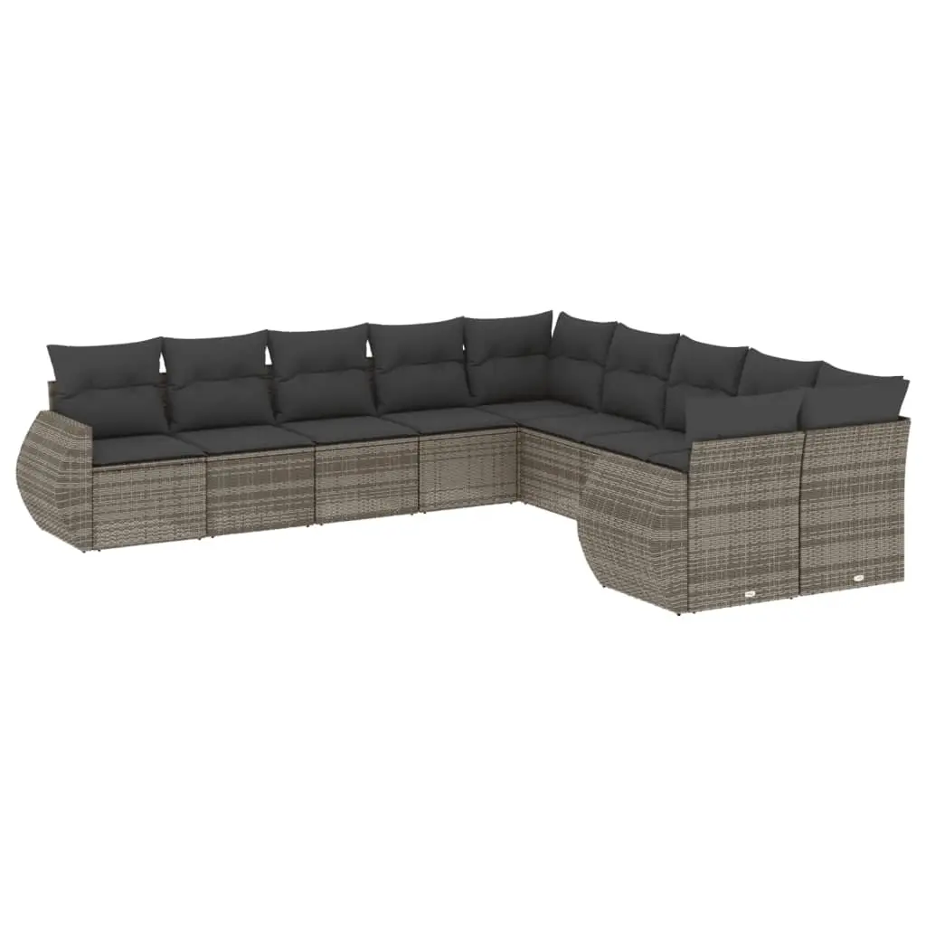 10 Piece Garden Sofa Set with Cushions Grey Poly Rattan 3221909 - Furniture