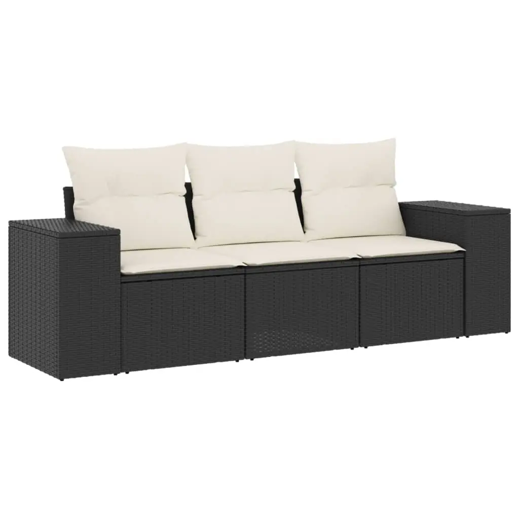 3 Piece Garden Sofa Set with Cushions Black Poly Rattan 3222255 - Furniture