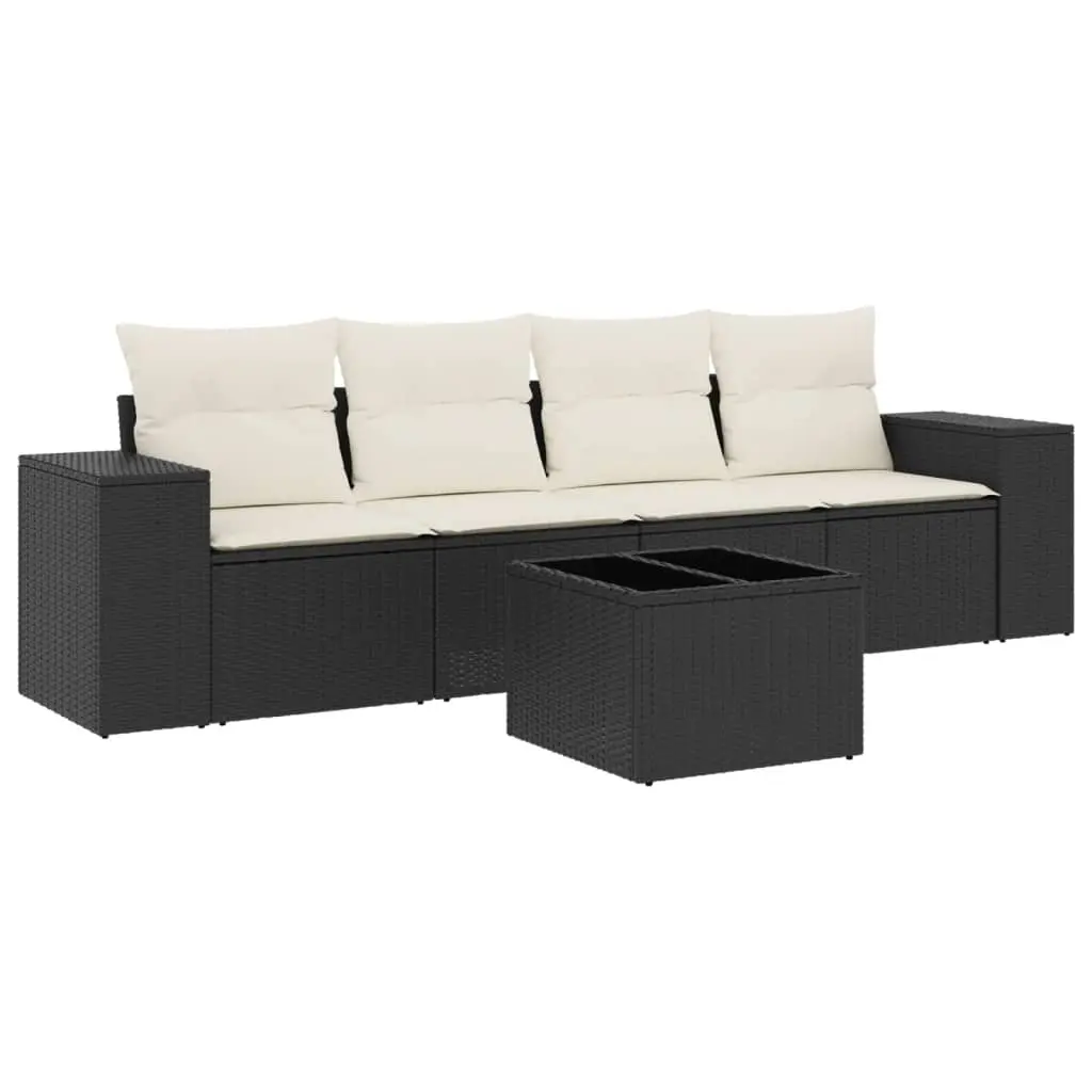 5 Piece Garden Sofa Set with Cushions Black Poly Rattan 3222285 - Furniture