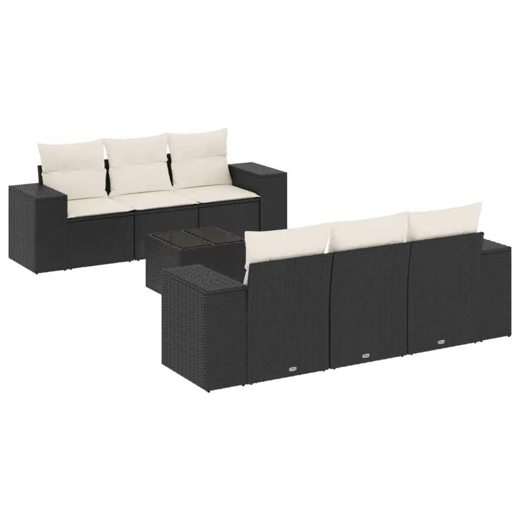 7 Piece Garden Sofa Set with Cushions Black Poly Rattan 3222305 - Furniture