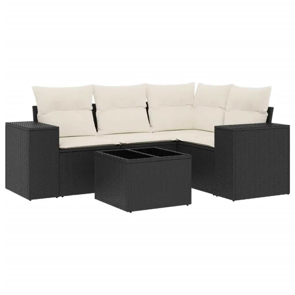 5 Piece Garden Sofa Set with Cushions Black Poly Rattan 3222515 - Furniture